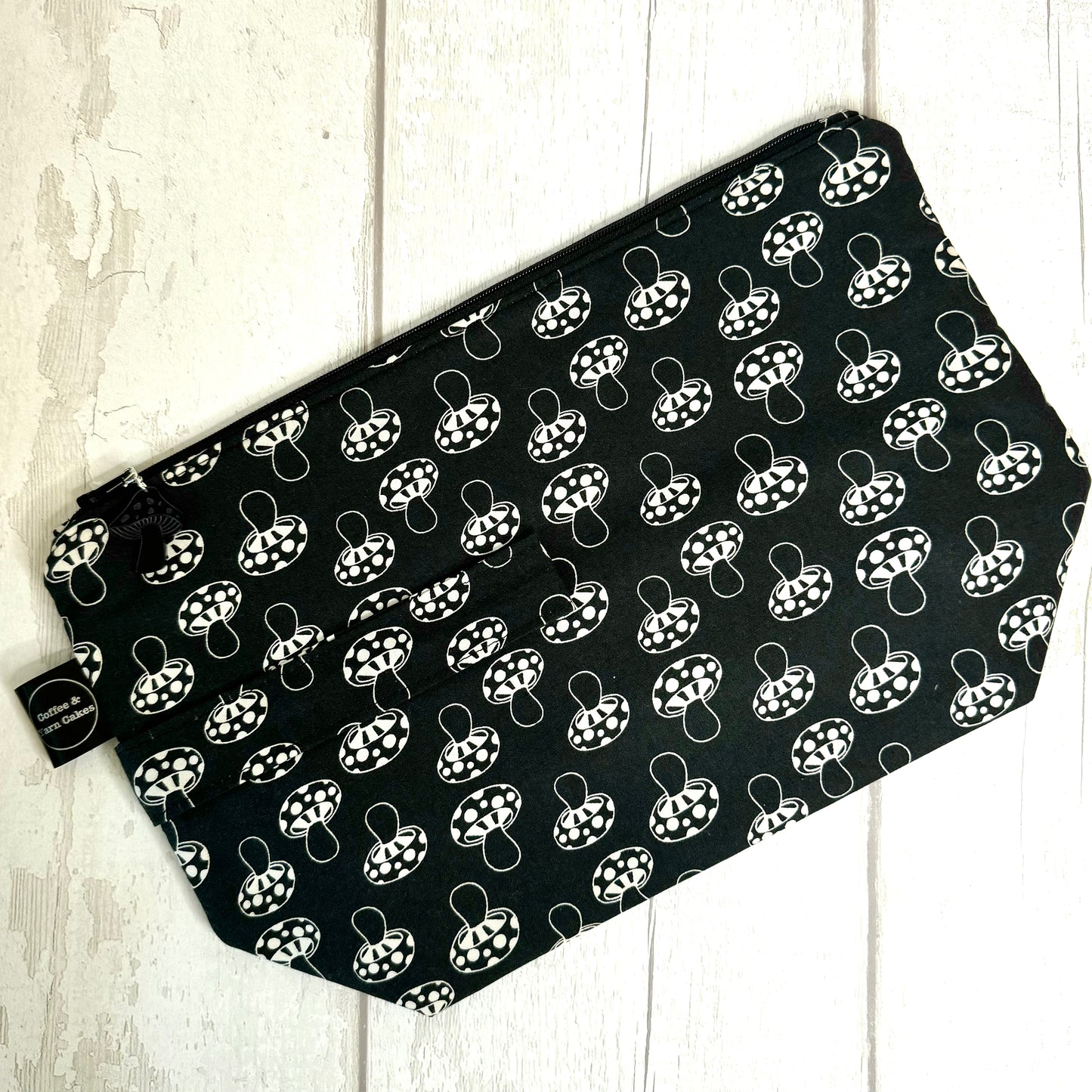 Monochrome Mushies Mushrooms Zipped Project Bag - Large Size