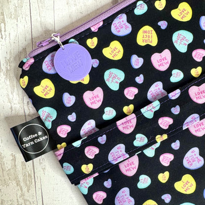 Love Hearts Cats Zipped Project Bags - Large Size