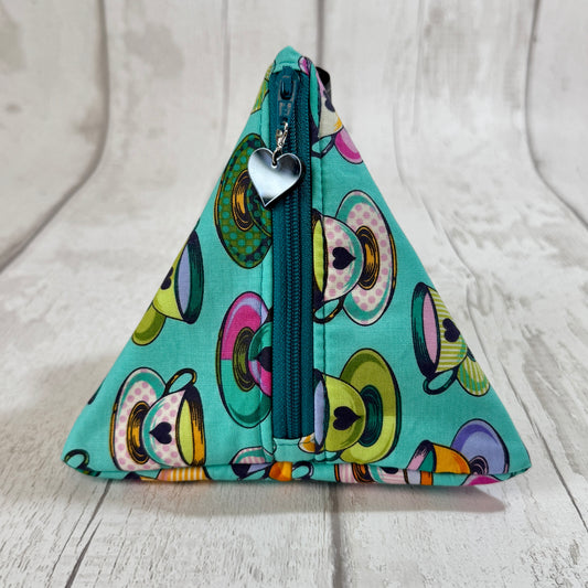Curiouser Tea Time Teal Wonderland Zipped Fabric Pyramid Notions Pouch